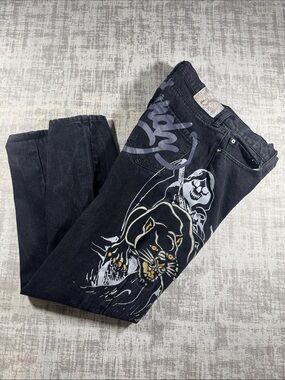 Ed Hardy Panther Reaper Relaxed Jeans sz 28 Denim Mens 41Length , 29Ins